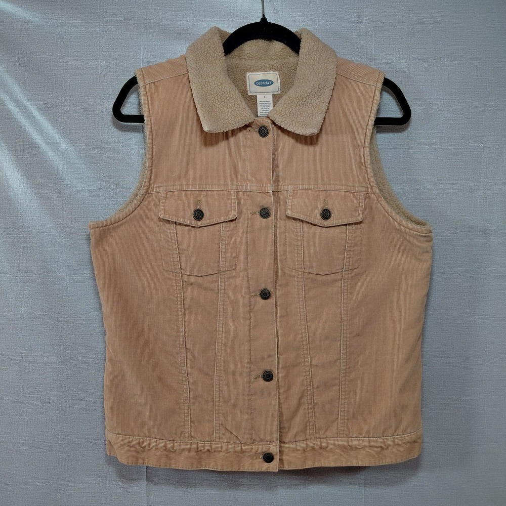 Vtg Y2k Old Navy Sherpa Lined Corduroy Vest Women's LG Khaki Tan Button Up